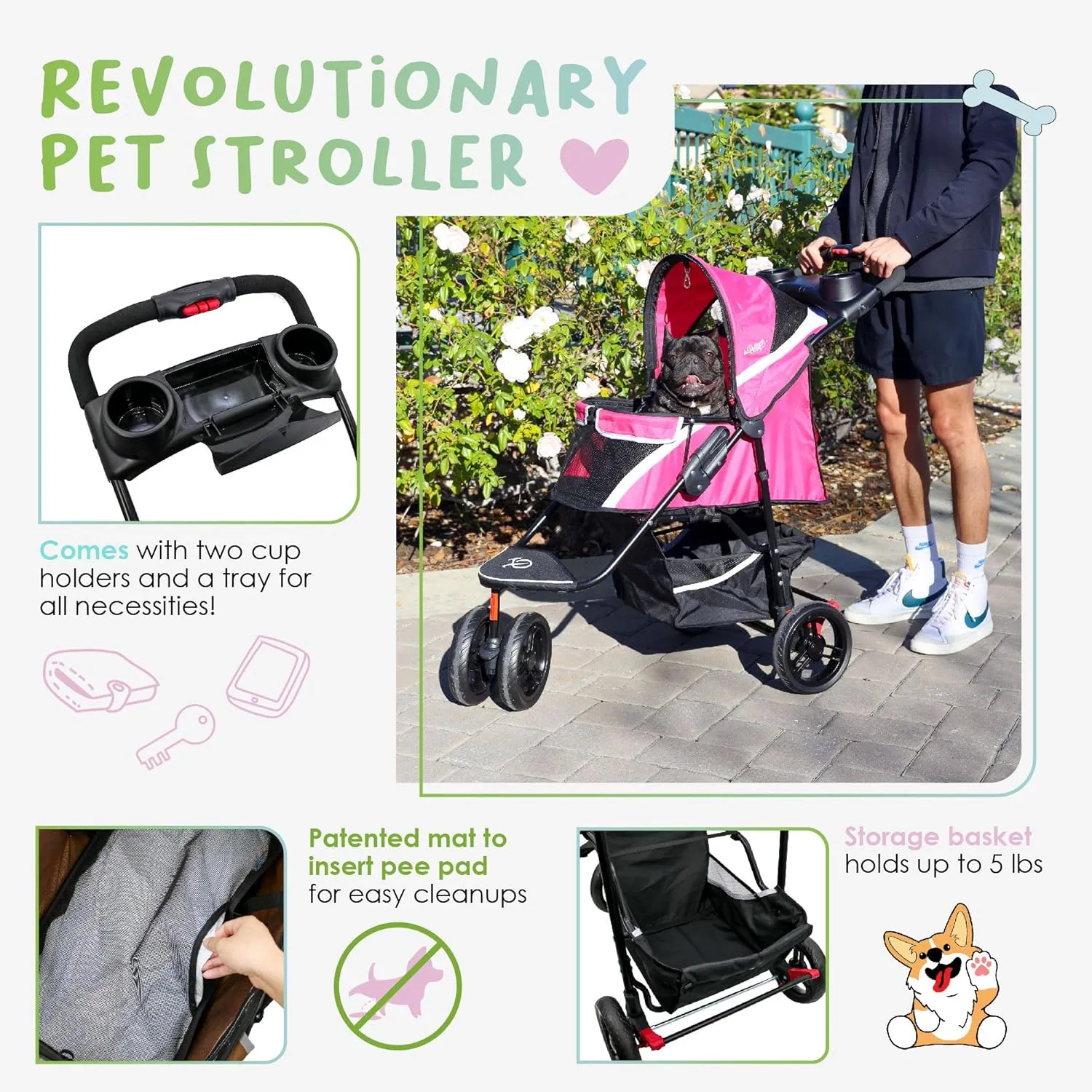 Petique Revolutionary Durable Pet Stroller, Easy Fold, Quality mesh Windows, Large Storage Basket, Secure Cup Holder Tray, Small/Medium Dogs, Cats and Pets, Supports up to 55LBS - Galaxy (Gray)