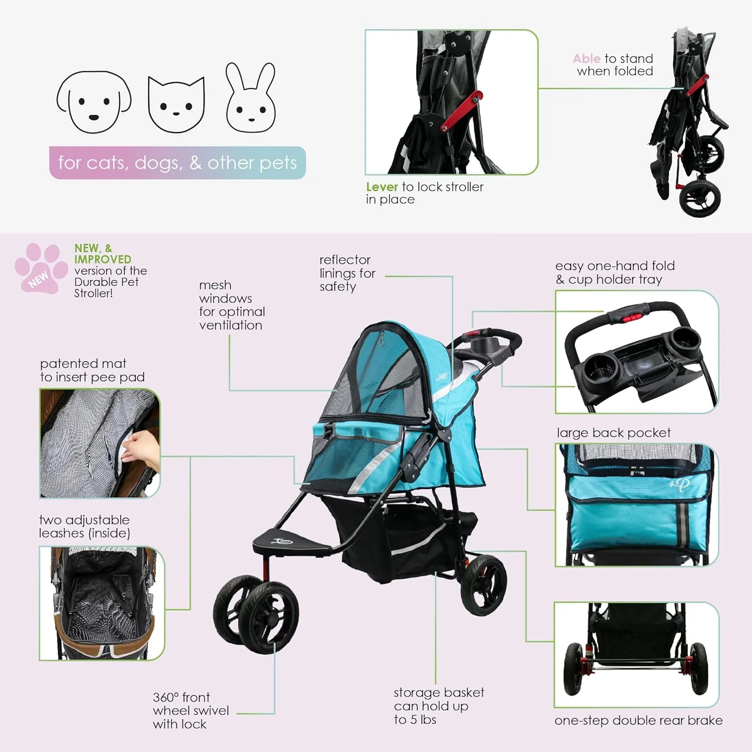 Petique Revolutionary Durable Pet Stroller, Easy Fold, Quality mesh Windows, Large Storage Basket, Secure Cup Holder Tray, Small/Medium Dogs, Cats and Pets, Supports up to 55LBS - Galaxy (Gray)