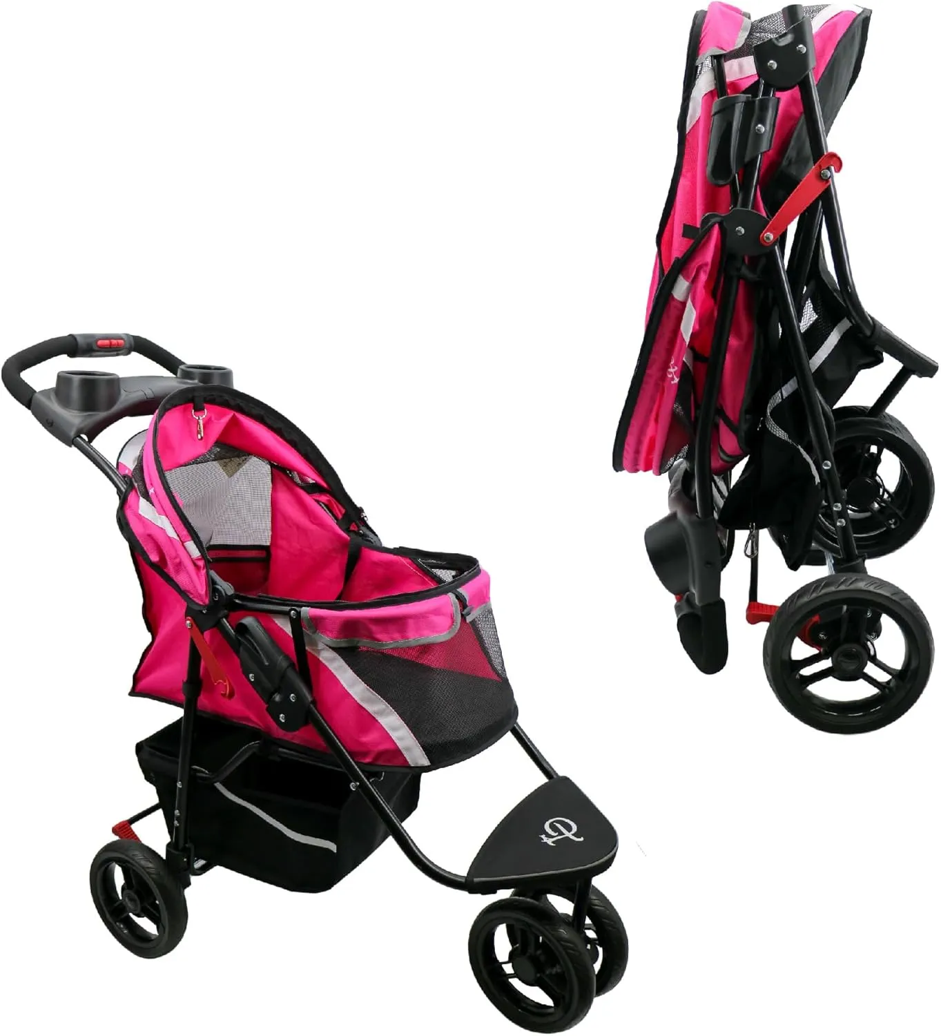 Petique Revolutionary Durable Pet Stroller, Easy Fold, Quality mesh Windows, Large Storage Basket, Secure Cup Holder Tray, Small/Medium Dogs, Cats and Pets, Supports up to 55LBS - Supernova (Pink)