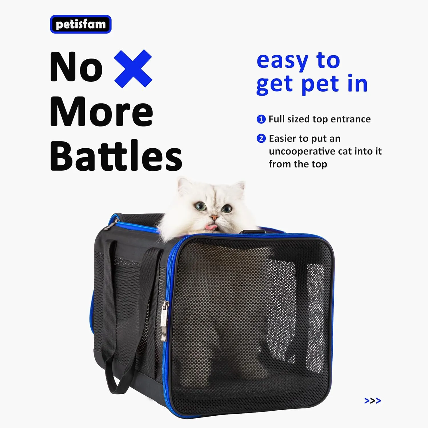 petisfam Easy Load Soft Pet Carrier Bag Cat for Medium, Large Cats, Puppy, Sturdy, Collapsible, Comfy, Black w/Blue Trim, L