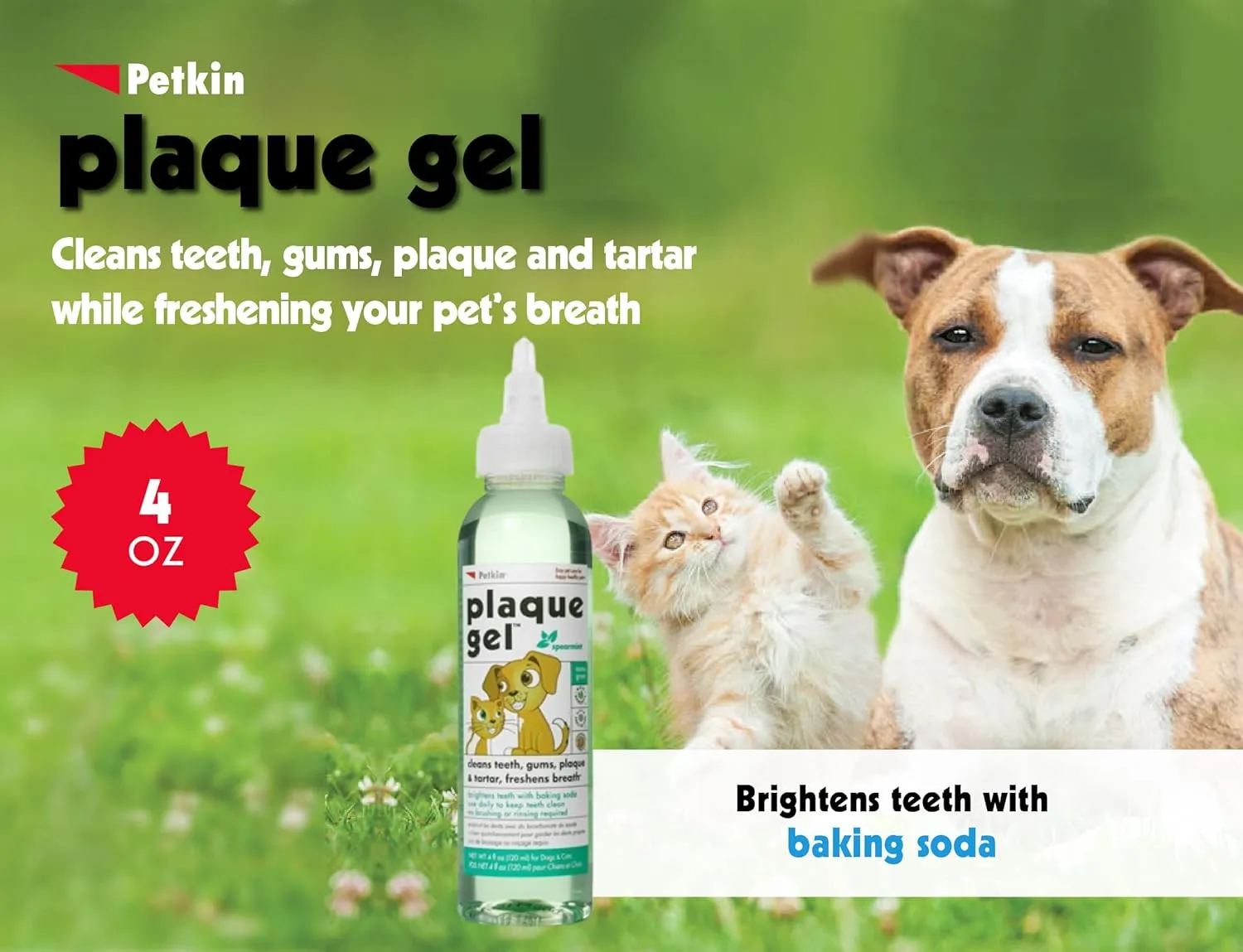 Petkin Plaque Remover Gel  Cleans Teeth and Gums, Removes Plaque and Tartar - Freshens Breath and Whitens Teeth with Baking Soda - Ideal for Daily Use, No Brushing or Rinsing - 4 fl oz