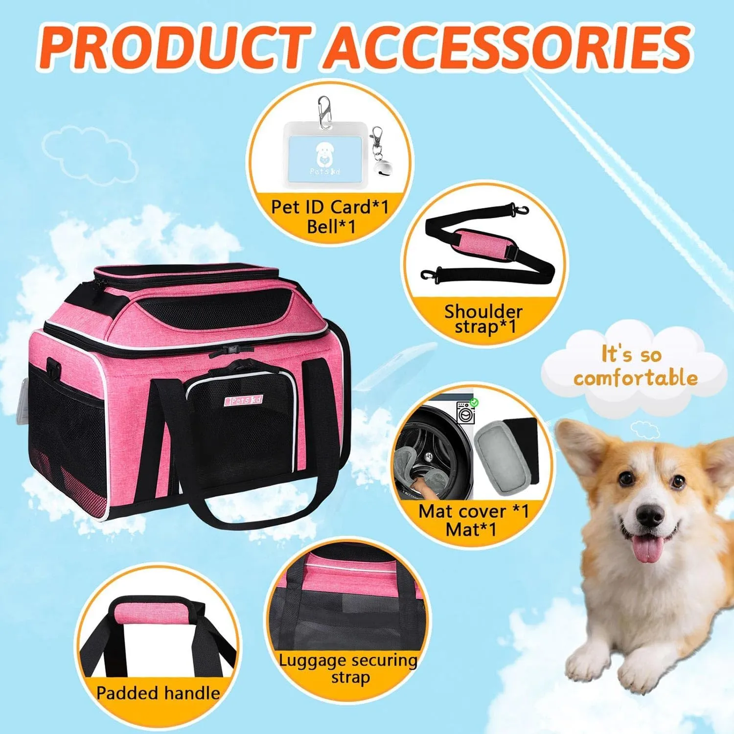 Petskd Top-Expandable Pet Carrier 17x12x8.5 Inches JetBlue Allegiant Spirit Airline Approved, Soft-Sided Carrier for Small Cats and Dogs with Locking Safety Zippers and Anti-Scratch Mesh(Pink)