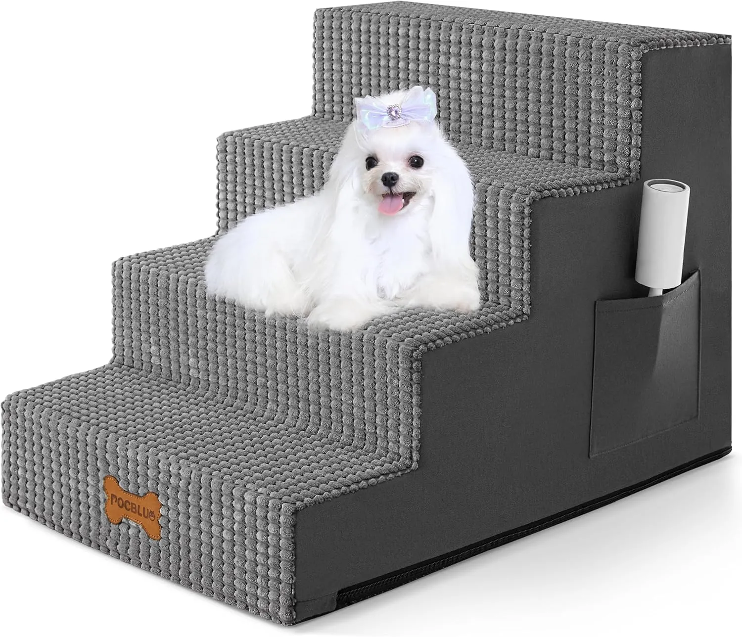 POCBLUE Dog Stairs for Small Dogs and Cats 17.7" H, 4-Step Pet Step for High Bed or Couch, Non-Slip Balanced Pet Ramp Indoor with High-Density Foam and Washable Cover, Dark Grey