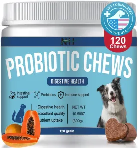 Probiotics & Enzymes Chews with Papaya | Pumpkin | Krill oi for Dogs & Cats Gut Health | No Poop Odor | Constipation | Diarrhea | Relieve Anal Gland Relief | Digestive | Immune - Vet Approved