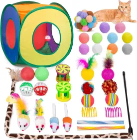 Retro Shaw Cat Toys Pack 33 PCS, Interactive Kitten Toys for Indoor Cats Kitty with Collapsible Play Tunnel Tube Tent Feather Wand Teaser Bell Fuzzy Ball Springs Mouse Toys