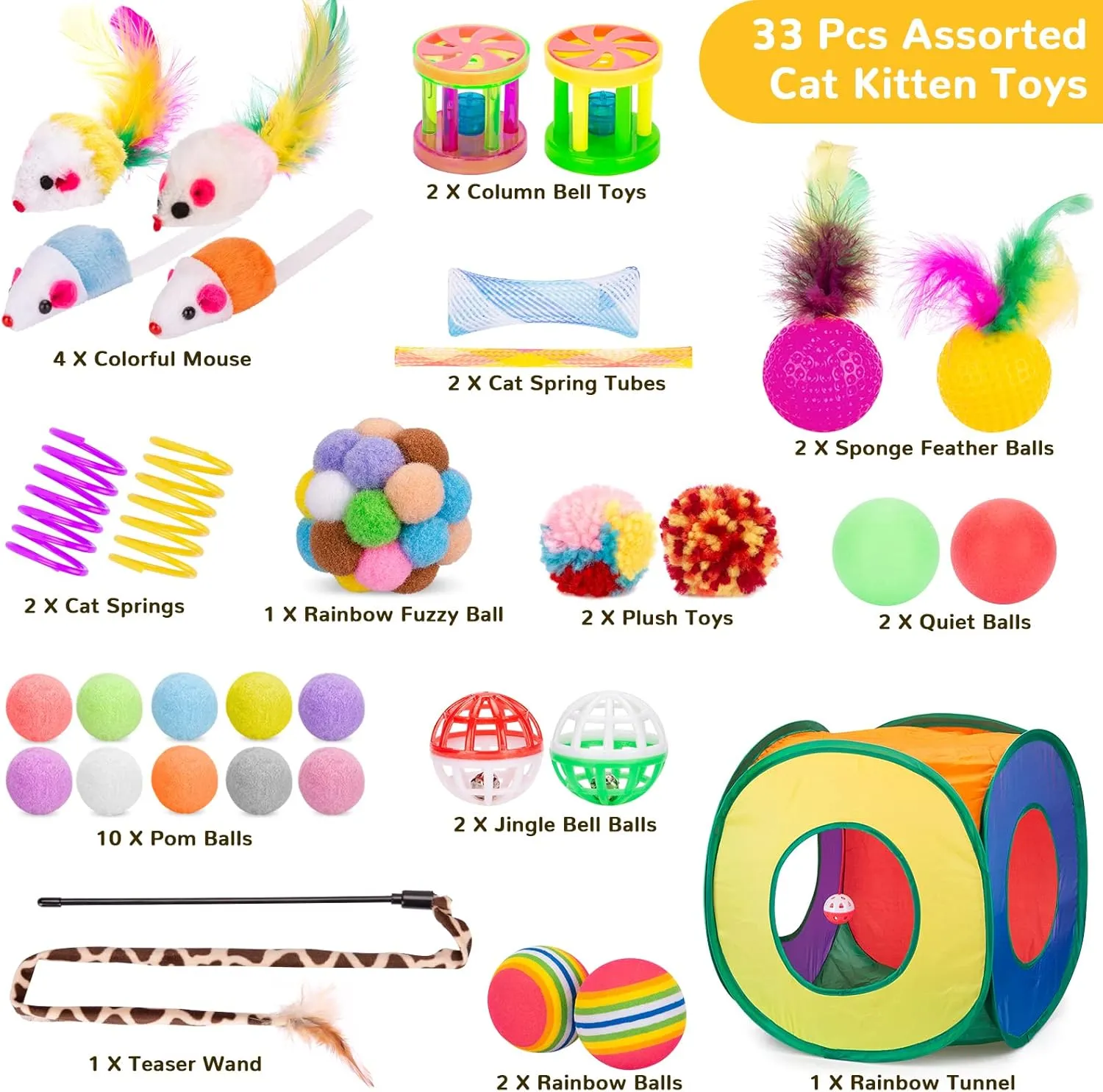 Retro Shaw Cat Toys Pack 33 PCS, Interactive Kitten Toys for Indoor Cats Kitty with Collapsible Play Tunnel Tube Tent Feather Wand Teaser Bell Fuzzy Ball Springs Mouse Toys