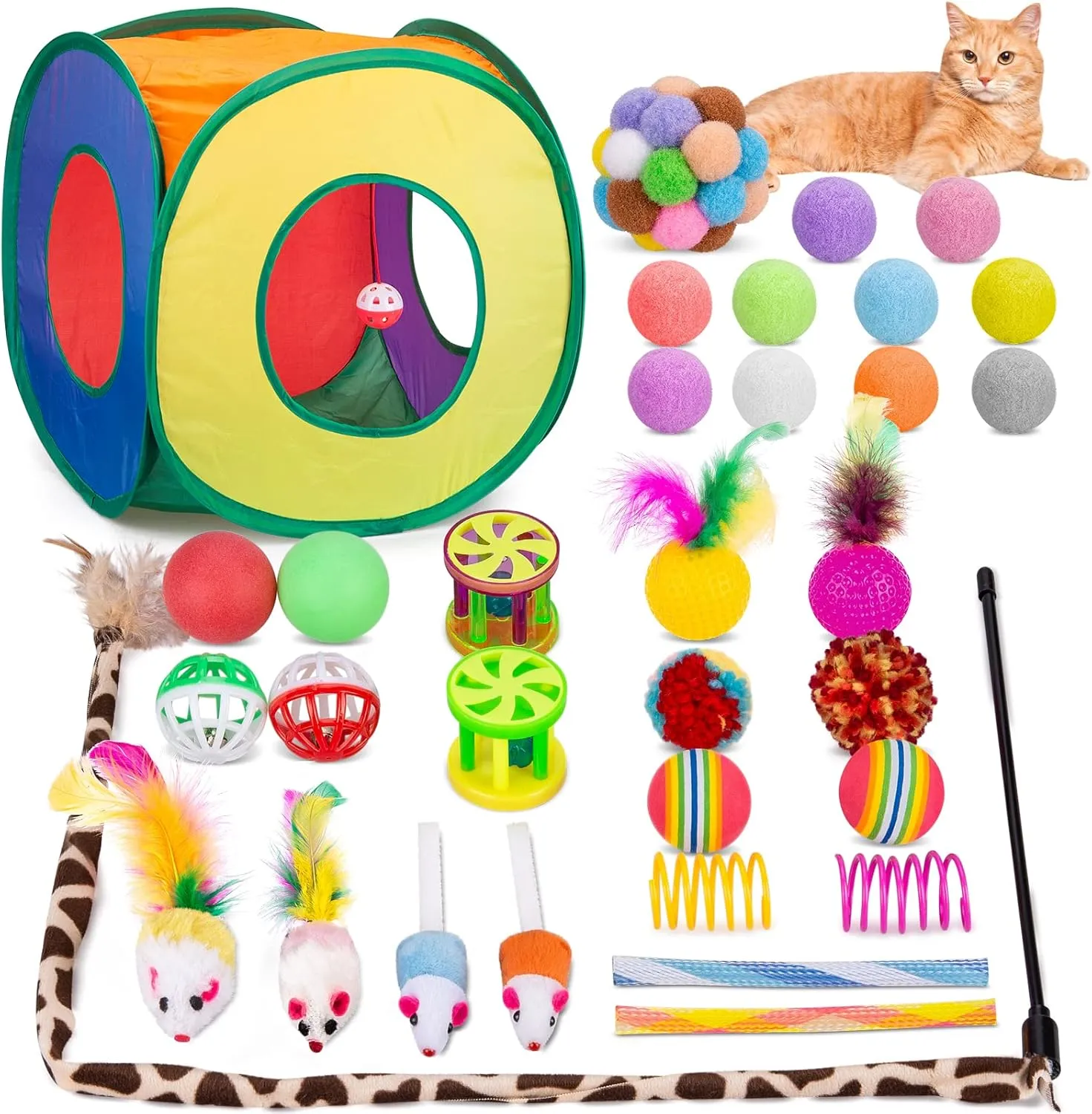 Retro Shaw Cat Toys Pack 33 PCS, Interactive Kitten Toys for Indoor Cats Kitty with Collapsible Play Tunnel Tube Tent Feather Wand Teaser Bell Fuzzy Ball Springs Mouse Toys