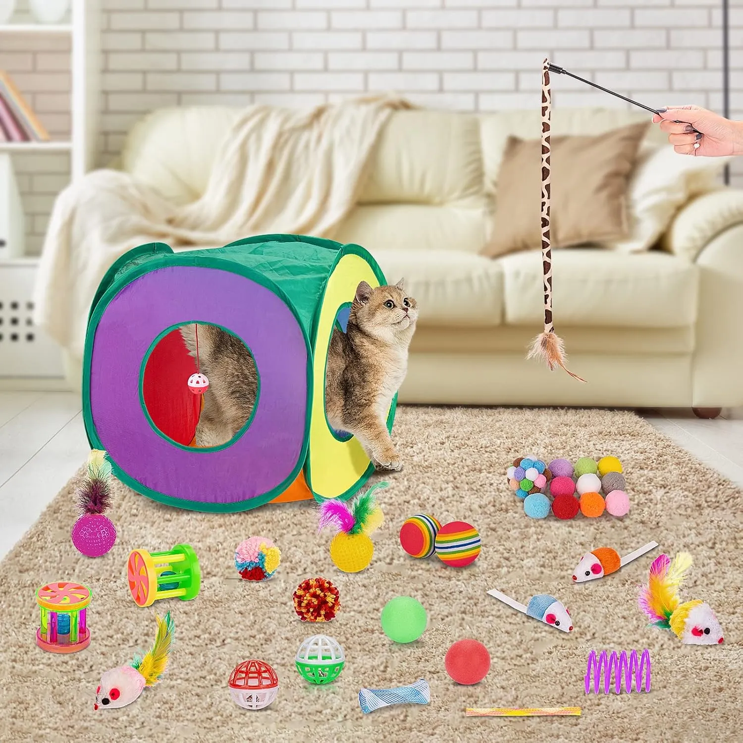 Retro Shaw Cat Toys Pack 33 PCS, Interactive Kitten Toys for Indoor Cats Kitty with Collapsible Play Tunnel Tube Tent Feather Wand Teaser Bell Fuzzy Ball Springs Mouse Toys