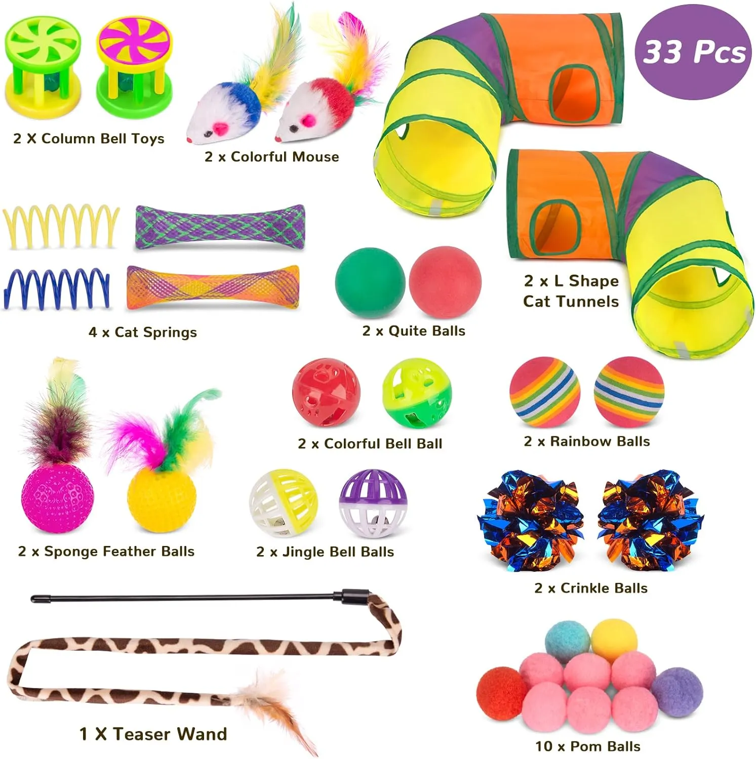 Retro Shaw Cat Tunnel with Toys Set, Interactive Kitten Toy for Indoor Cats Kitty,Kitten Tube Tent Feather Wand Teaser Bell Fuzzy Ball Springs Mouse (33 Pcs Large Cat Tunnel Toys Set)