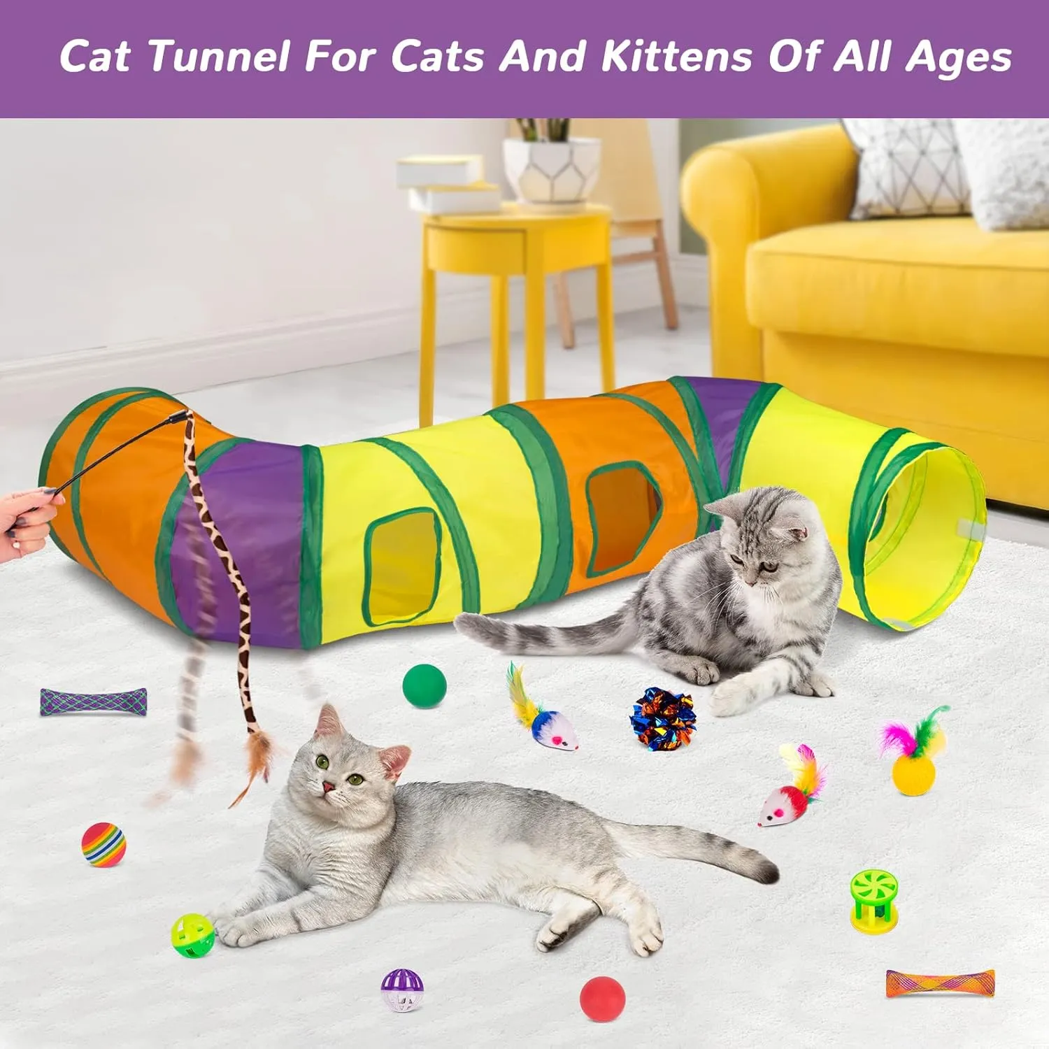 Retro Shaw Cat Tunnel with Toys Set, Interactive Kitten Toy for Indoor Cats Kitty,Kitten Tube Tent Feather Wand Teaser Bell Fuzzy Ball Springs Mouse (33 Pcs Large Cat Tunnel Toys Set)