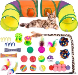 Retro Shaw Cat Tunnel with Toys Set, Interactive Kitten Toy for Indoor Cats Kitty,Kitten Tube Tent Feather Wand Teaser Bell Fuzzy Ball Springs Mouse (33 Pcs Large Cat Tunnel Toys Set)
