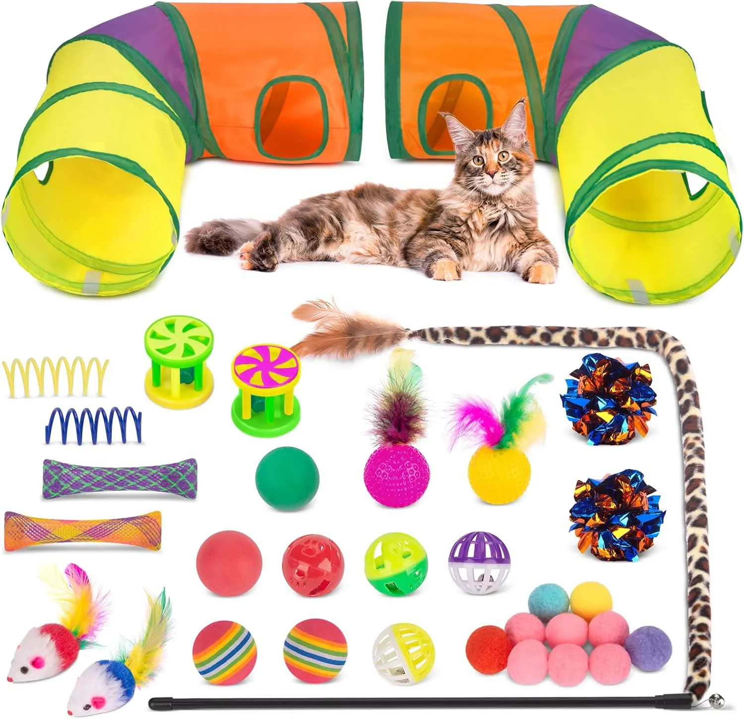 Retro Shaw Cat Tunnel with Toys Set, Interactive Kitten Toy for Indoor Cats Kitty,Kitten Tube Tent Feather Wand Teaser Bell Fuzzy Ball Springs Mouse (33 Pcs Large Cat Tunnel Toys Set)