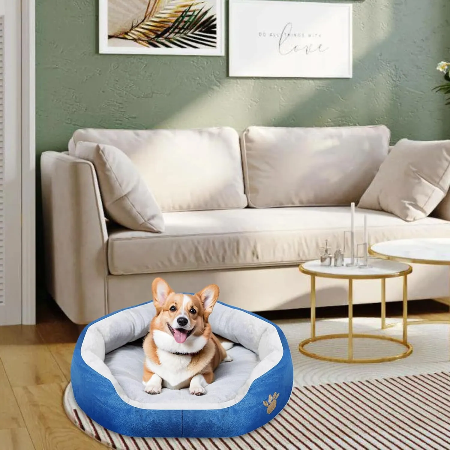 Round Dog Cat Beds Mattress Washable Pads Room, Soft Durable Plush Faux Fur Sleeping Pet Fleece Bed Mat for Small Doggy Kitten Puppy, with Anti-Slip Waterproof Bottom, Blue