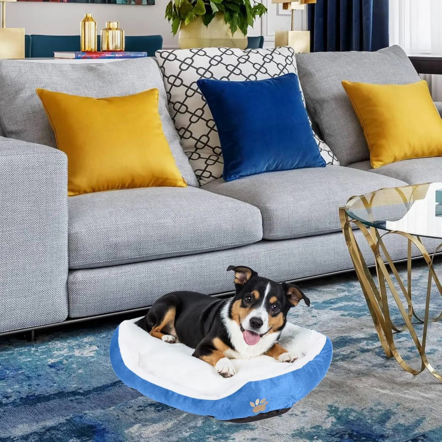Round Dog Cat Beds Mattress Washable Pads Room, Soft Durable Plush Faux Fur Sleeping Pet Fleece Bed Mat for Small Doggy Kitten Puppy, with Anti-Slip Waterproof Bottom, Blue