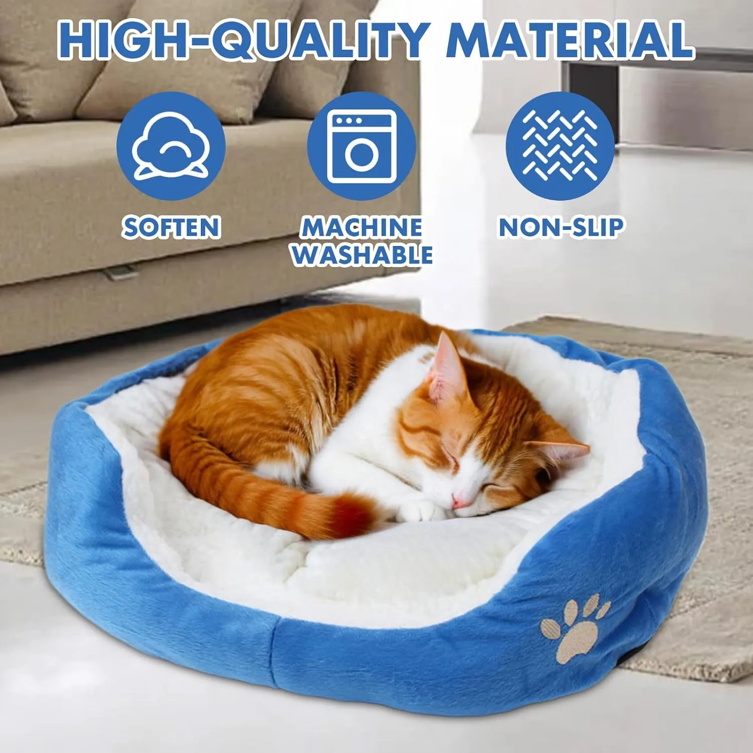 Round Dog Cat Beds Mattress Washable Pads Room, Soft Durable Plush Faux Fur Sleeping Pet Fleece Bed Mat for Small Doggy Kitten Puppy, with Anti-Slip Waterproof Bottom, Blue