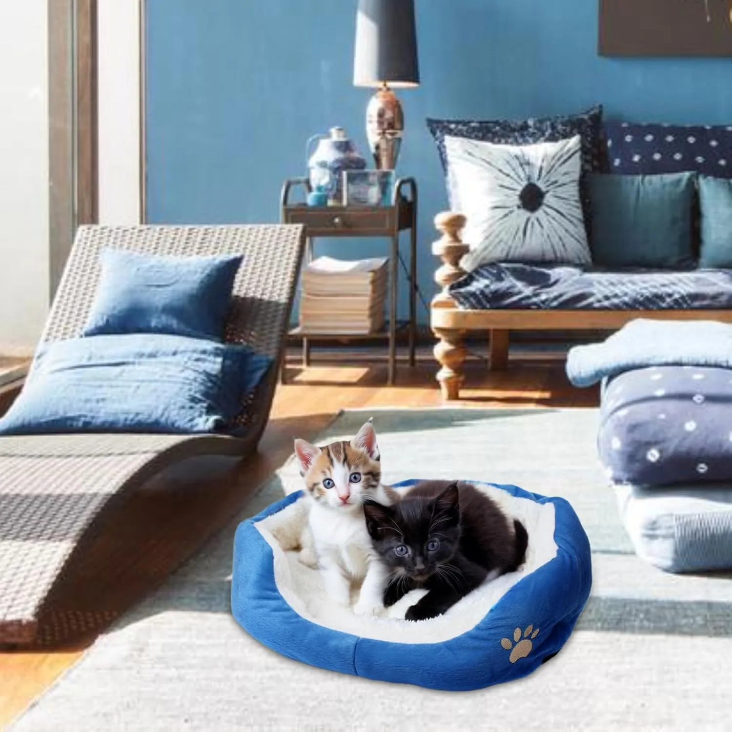 Round Dog Cat Beds Mattress Washable Pads Room, Soft Durable Plush Faux Fur Sleeping Pet Fleece Bed Mat for Small Doggy Kitten Puppy, with Anti-Slip Waterproof Bottom, Blue
