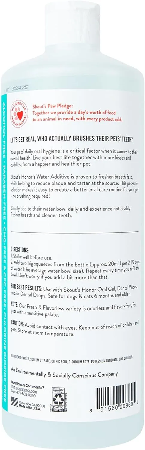SKOUT'S HONOR Fresher Breath Flavorless Water Additive - VOHC Accepted for Tartar Control, Freshens Breath Fast, No Brushing Required, 32 oz