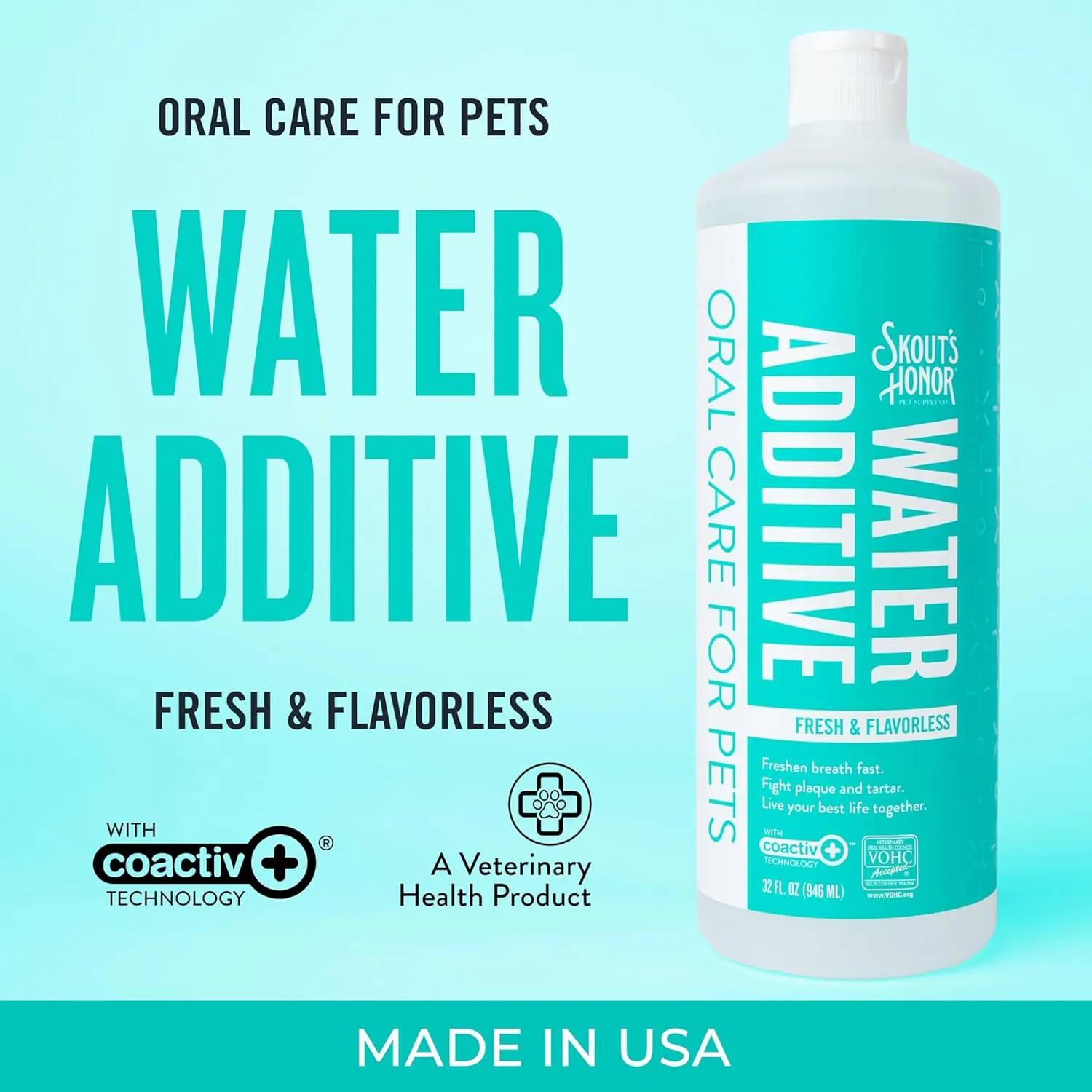 SKOUT'S HONOR Fresher Breath Flavorless Water Additive - VOHC Accepted for Tartar Control, Freshens Breath Fast, No Brushing Required, 32 oz