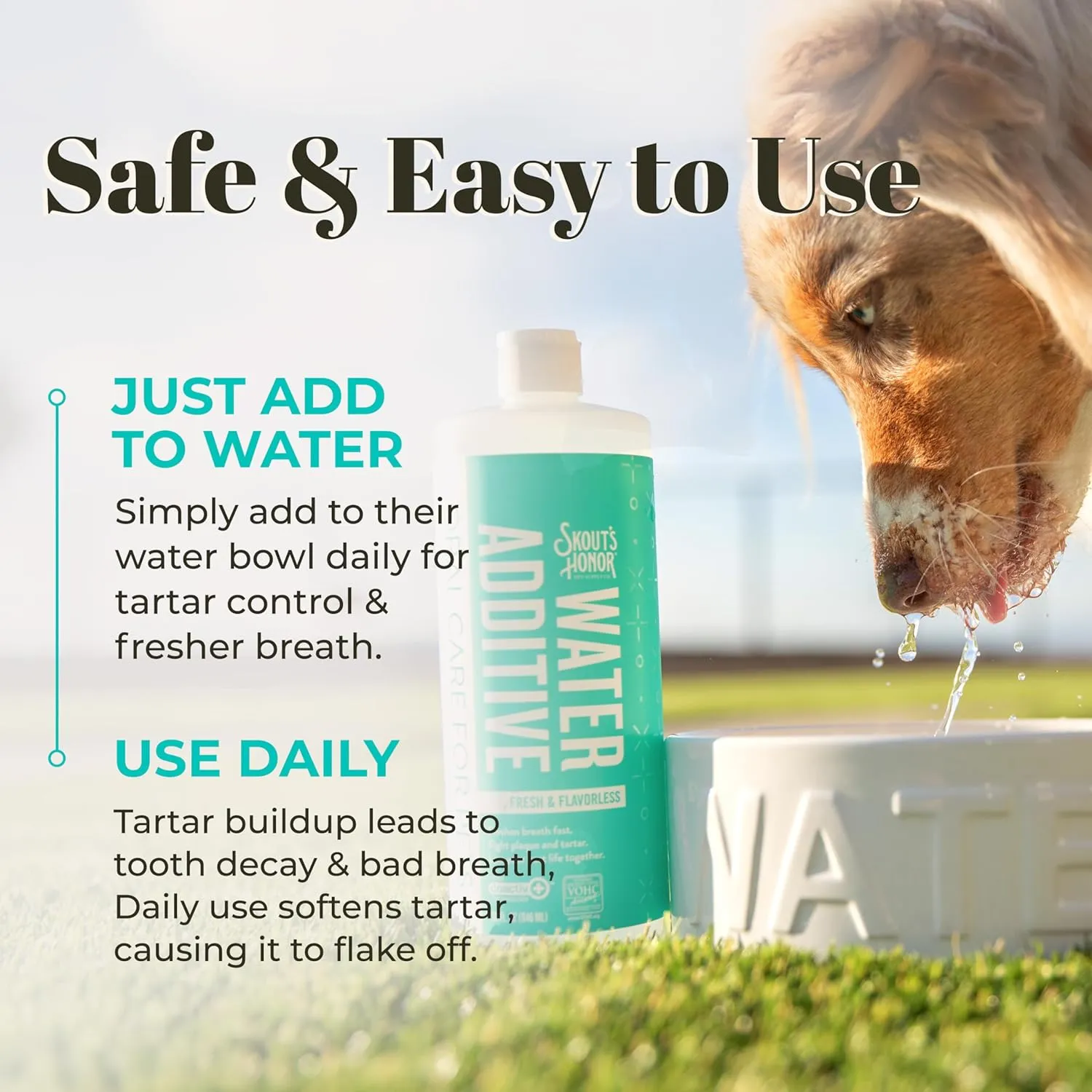 SKOUT'S HONOR Fresher Breath Flavorless Water Additive - VOHC Accepted for Tartar Control, Freshens Breath Fast, No Brushing Required, 32 oz