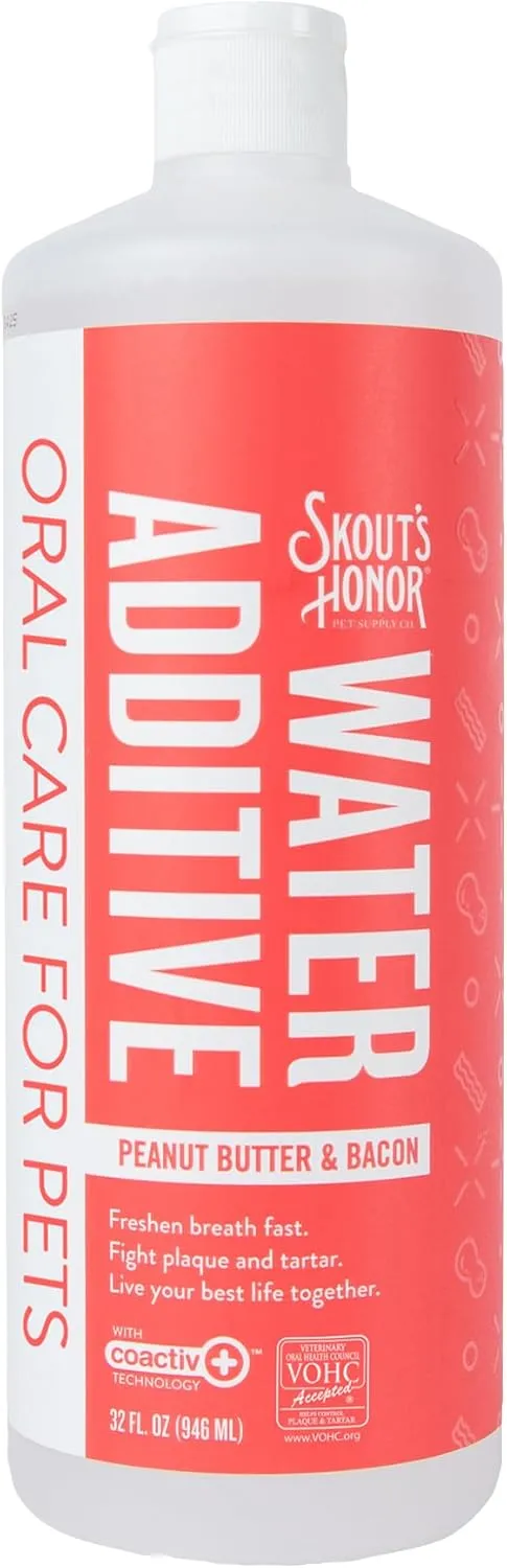 SKOUT'S HONOR Peanut Butter & Bacon Water Additive - VOHC Accepted for Tartar Control, Freshens Breath Fast, No Brushing Required, 32 oz