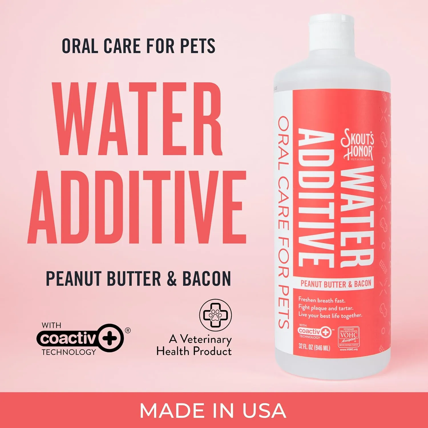 SKOUT'S HONOR Peanut Butter & Bacon Water Additive - VOHC Accepted for Tartar Control, Freshens Breath Fast, No Brushing Required, 32 oz