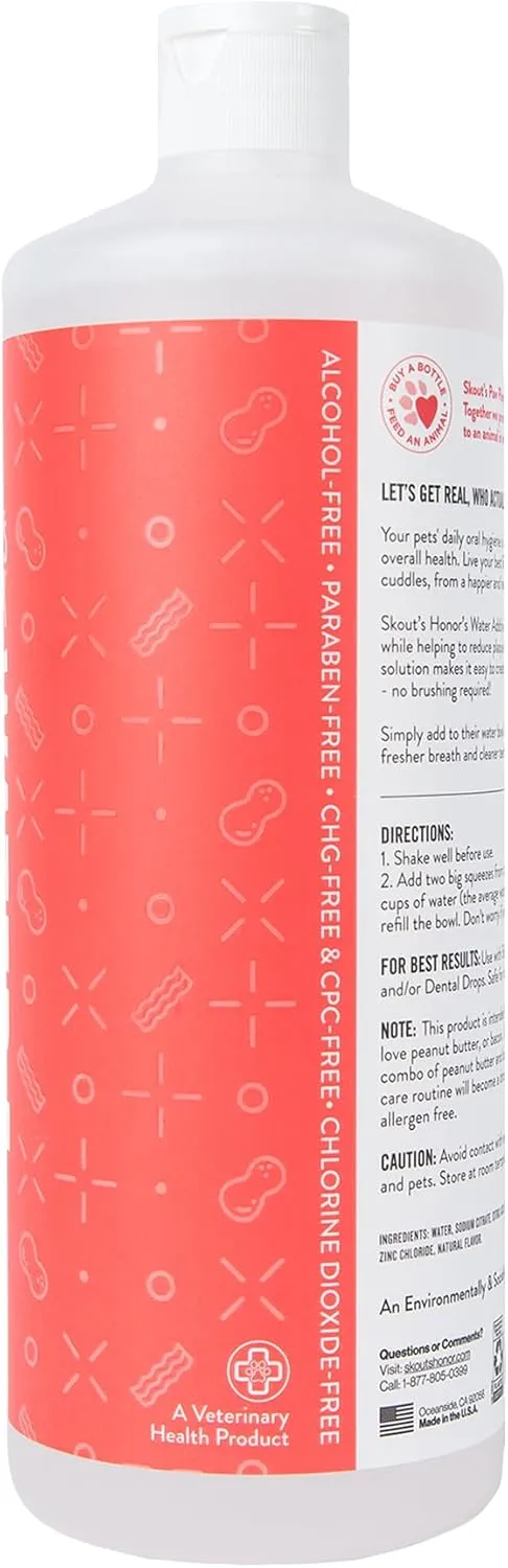 SKOUT'S HONOR Peanut Butter & Bacon Water Additive - VOHC Accepted for Tartar Control, Freshens Breath Fast, No Brushing Required, 32 oz