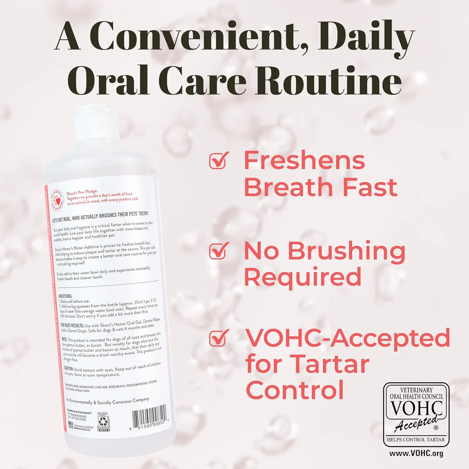 SKOUT'S HONOR Peanut Butter & Bacon Water Additive - VOHC Accepted for Tartar Control, Freshens Breath Fast, No Brushing Required, 32 oz