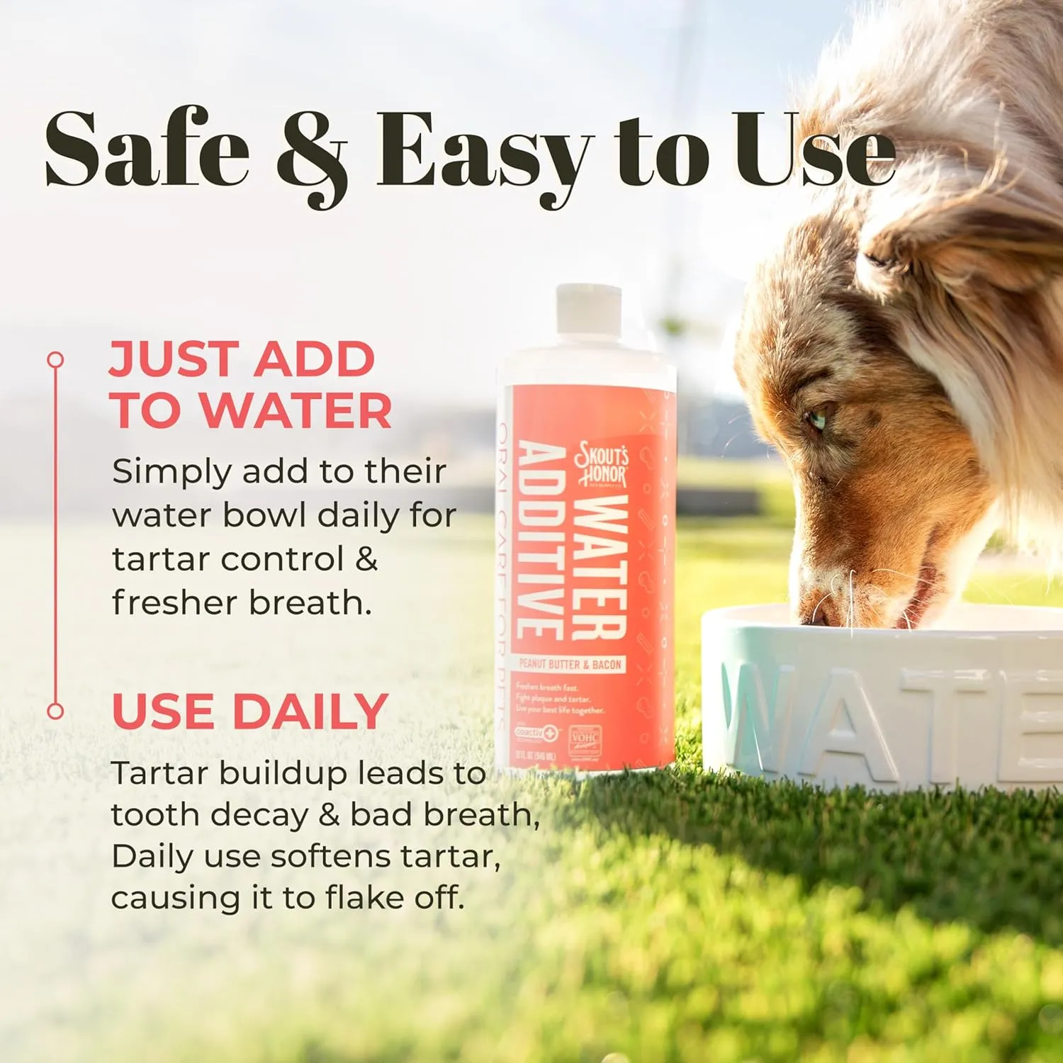 SKOUT'S HONOR Peanut Butter & Bacon Water Additive - VOHC Accepted for Tartar Control, Freshens Breath Fast, No Brushing Required, 32 oz
