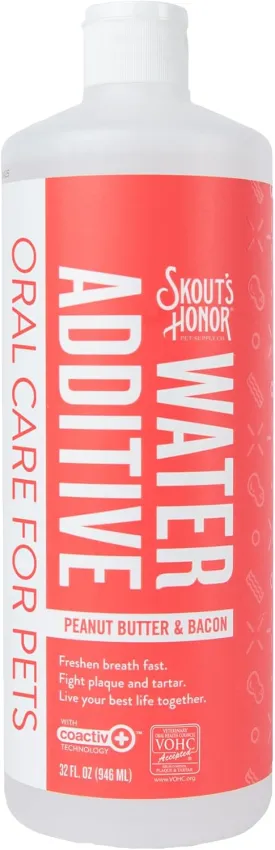 SKOUT'S HONOR Peanut Butter & Bacon Water Additive - VOHC Accepted for Tartar Control, Freshens Breath Fast, No Brushing Required, 32 oz
