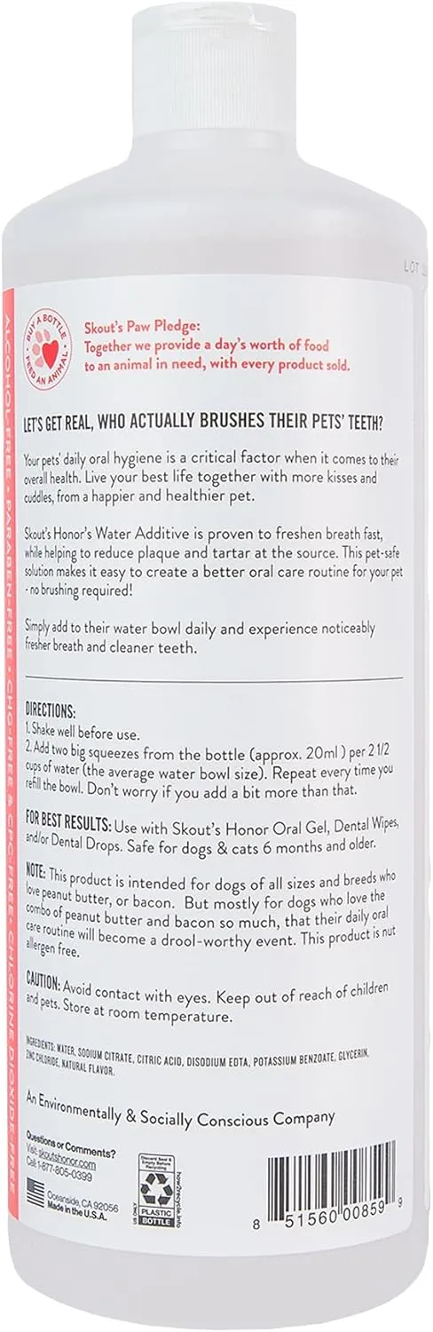 SKOUT'S HONOR Peanut Butter & Bacon Water Additive - VOHC Accepted for Tartar Control, Freshens Breath Fast, No Brushing Required, 32 oz