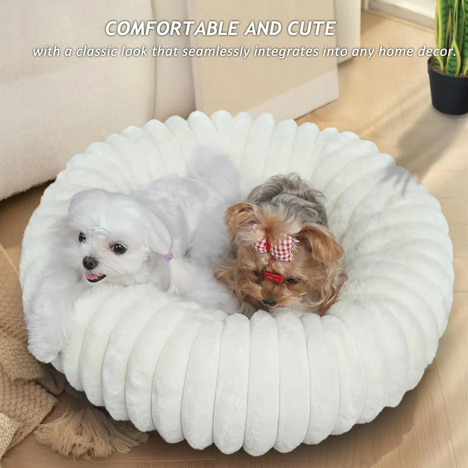 Small Dog Donut Washable Cute Puppy Bed, Round Orthopedic Corduroy Fleece Pet Snuggle for Large Cat, Small Breed 23 Inch, Cream