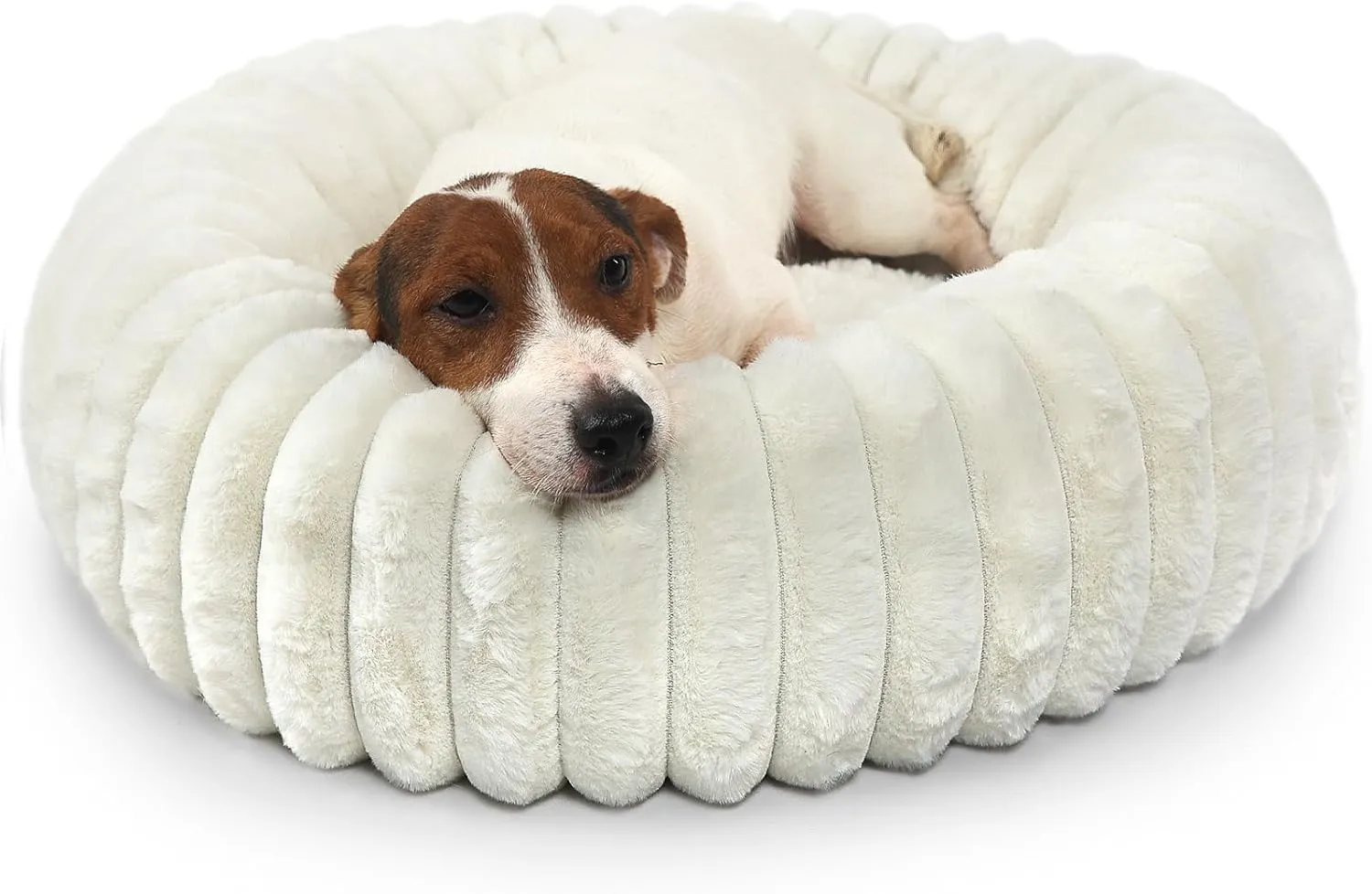 Small Dog Donut Washable Cute Puppy Bed, Round Orthopedic Corduroy Fleece Pet Snuggle for Large Cat, Small Breed 23 Inch, Cream