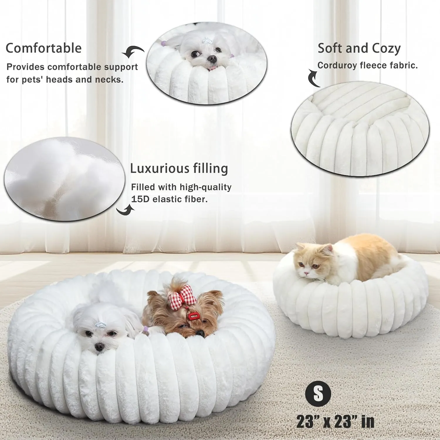 Small Dog Donut Washable Cute Puppy Bed, Round Orthopedic Corduroy Fleece Pet Snuggle for Large Cat, Small Breed 23 Inch, Cream