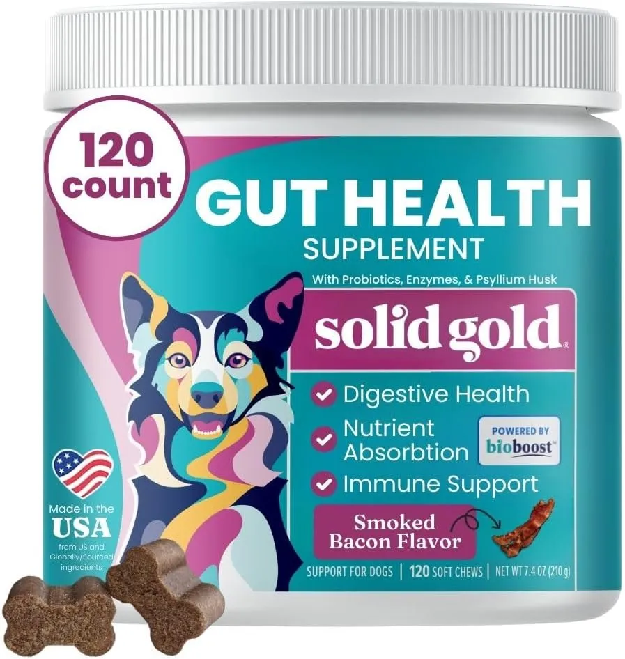 Solid Gold Dog Probiotic Chews - Bacon Flavor Soft Chews for Dog Digestive Support - Mellow Belly Probiotic for Dogs with Fiber & Digestive Enzymes for Bowel Support & Gut Health - 120 Count