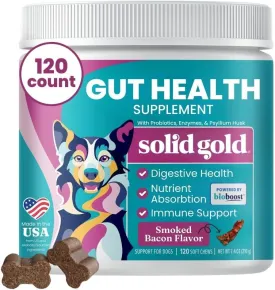 Solid Gold Dog Probiotic Chews - Bacon Flavor Soft Chews for Dog Digestive Support - Mellow Belly Probiotic for Dogs with Fiber & Digestive Enzymes for Bowel Support & Gut Health - 120 Count