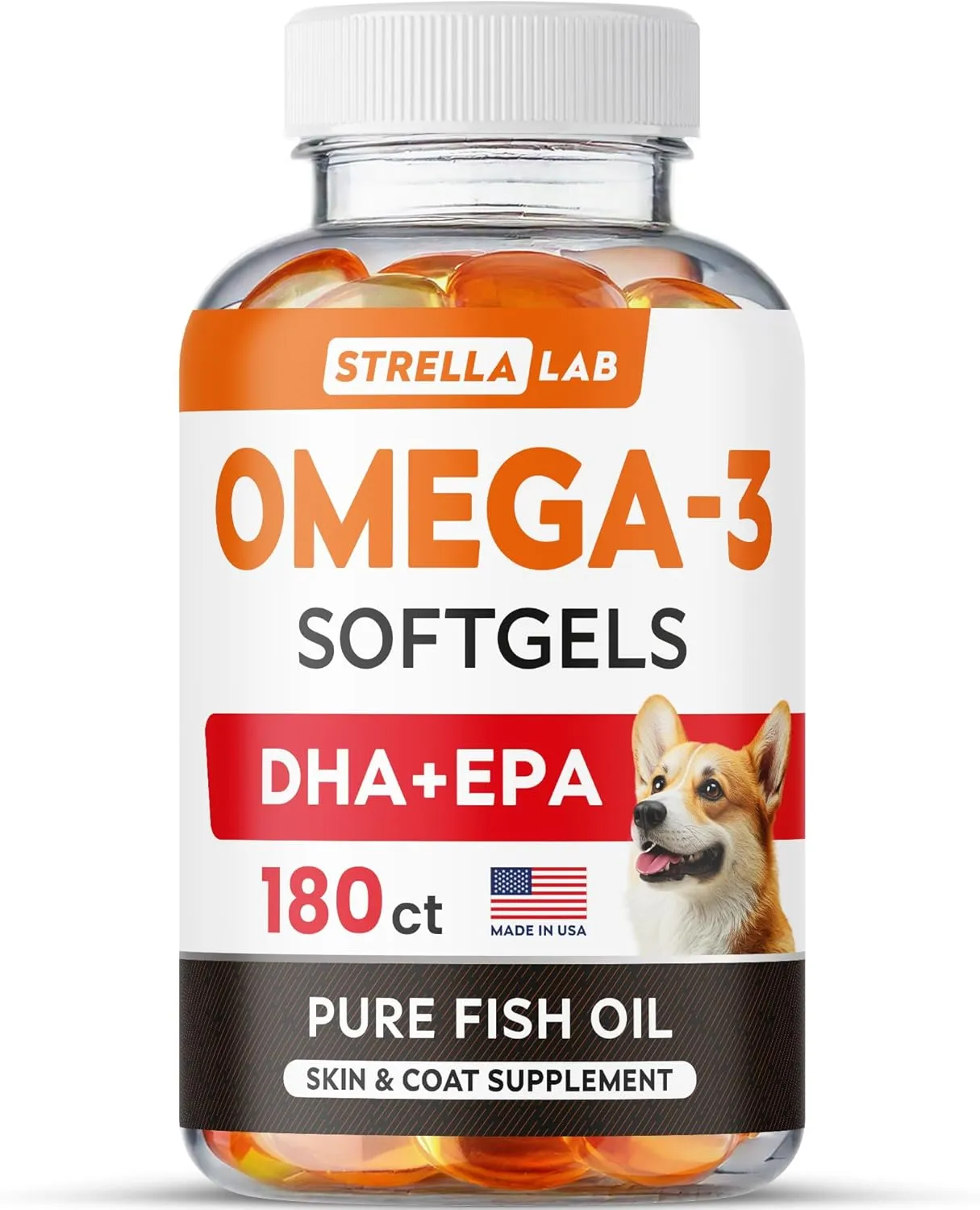 StrellaLab Omega 3 Fish Oil Pills for Dogs (180 Ct) - No Fishy Smell Softgels - EPA   DHA Fatty Acids Reduce Shedding&Itching - Supports Joints, Brain, Heart&Overall Health - EPA&DHA Fatty Acids - USA