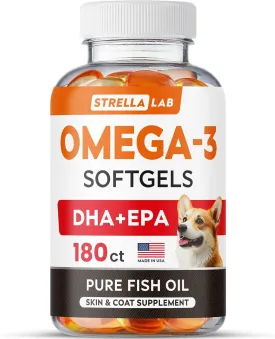 StrellaLab Omega 3 Fish Oil Pills for Dogs (180 Ct) - No Fishy Smell Softgels - EPA   DHA Fatty Acids Reduce Shedding&Itching - Supports Joints, Brain, Heart&Overall Health - EPA&DHA Fatty Acids - USA