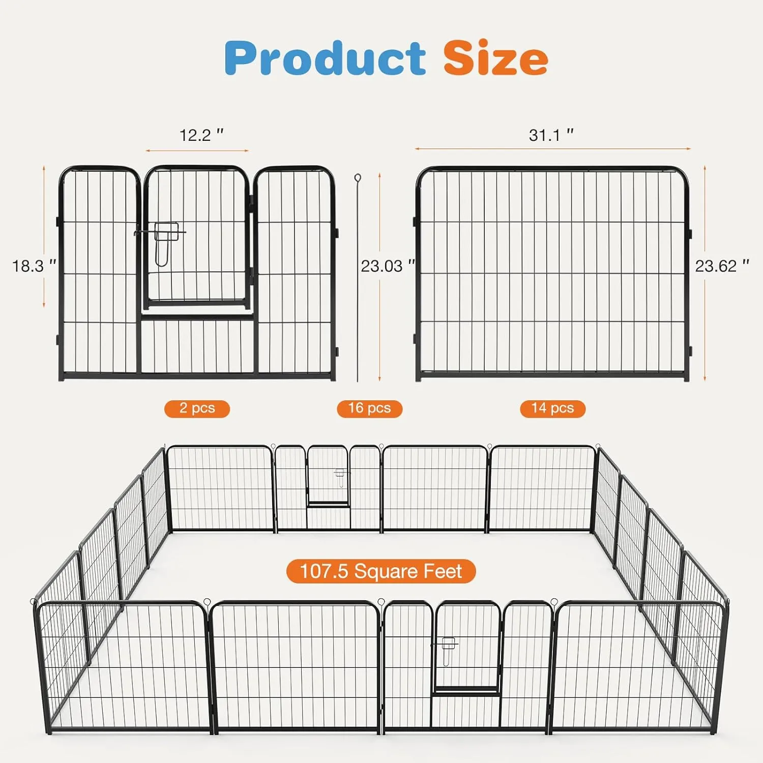 Sweetcrispy Dog Playpen Indoor - Pet Fence Exercise Pen for Yard Gate 16 Panels Foldable Puppy Playpens with Doors Metal Dog Pen for Camping, RV, Outdoor, Small/Medium Pets, 24 Height