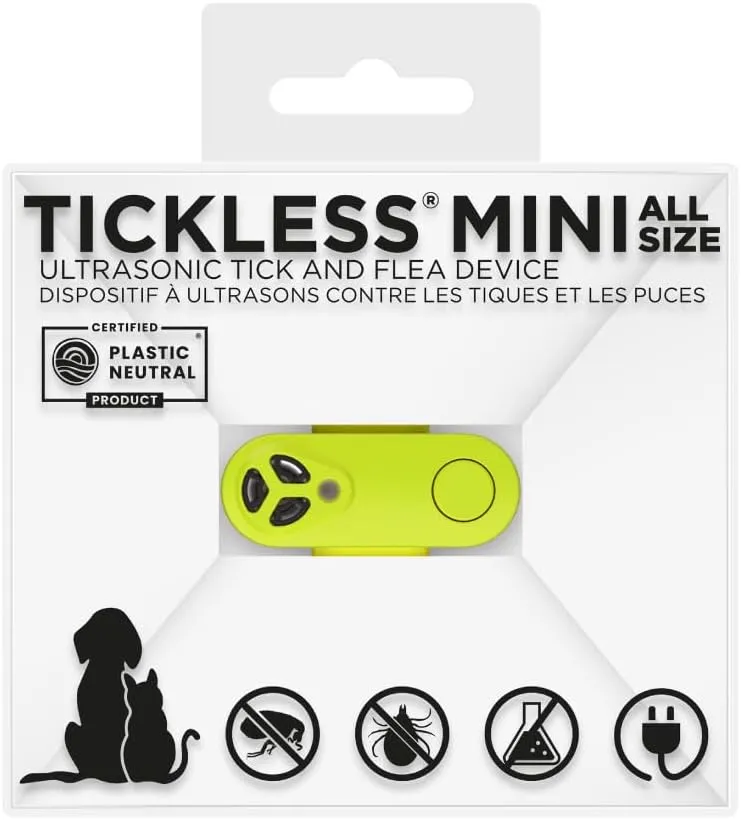 Tickless Mini Ultrasonic Tick and Flea Device Neon Yellow | Fragrance-Free Rechargeable Protection for Cats and Dogs | Nightlight Function | On Collar and Harness | Safety in Nature and Cities