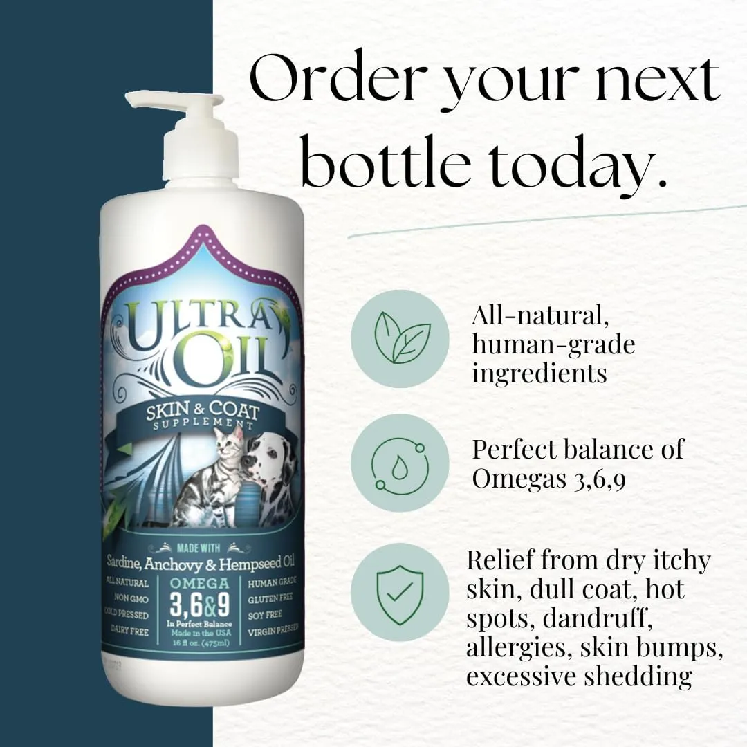 Ultra Oil Dog & Cat Supplement with Hemp, Flaxseed & Fish Oils - 32oz - For Dry Skin, Dull Coat, Hot Spots, Dandruff, Allergies
