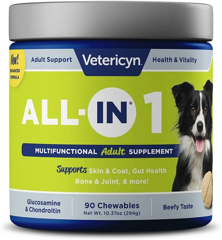 Vetericyn All-in 1 Multifunctional Dog Supplement | Digestive Enzymes   Glucosamine and Chondroitin for Bone and Joint Support   Vitamins, Antioxidants, Prebiotics, Probiotics, and Omegas. 90 Count