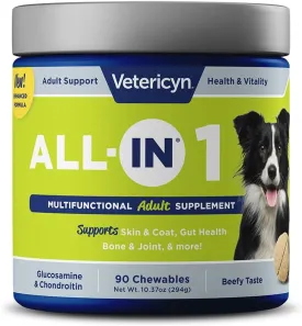 Vetericyn All-in 1 Multifunctional Dog Supplement | Digestive Enzymes   Glucosamine and Chondroitin for Bone and Joint Support   Vitamins, Antioxidants, Prebiotics, Probiotics, and Omegas. 90 Count