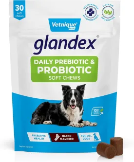 Vetnique Glandex Daily Probiotics for Dogs with Digestive Enzymes and Prebiotics for Optimal Gut Health & Immune Support with Fiber, Bacon Flavor Soft Chews, 30 Dog Probiotic Chews