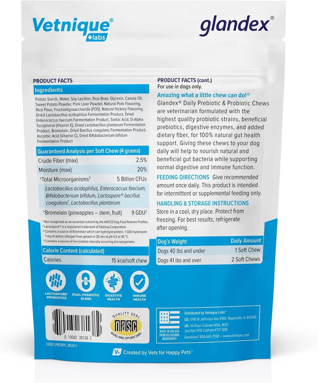 Vetnique Glandex Daily Probiotics for Dogs with Digestive Enzymes and Prebiotics for Optimal Gut Health & Immune Support with Fiber, Bacon Flavor Soft Chews, 30 Dog Probiotic Chews