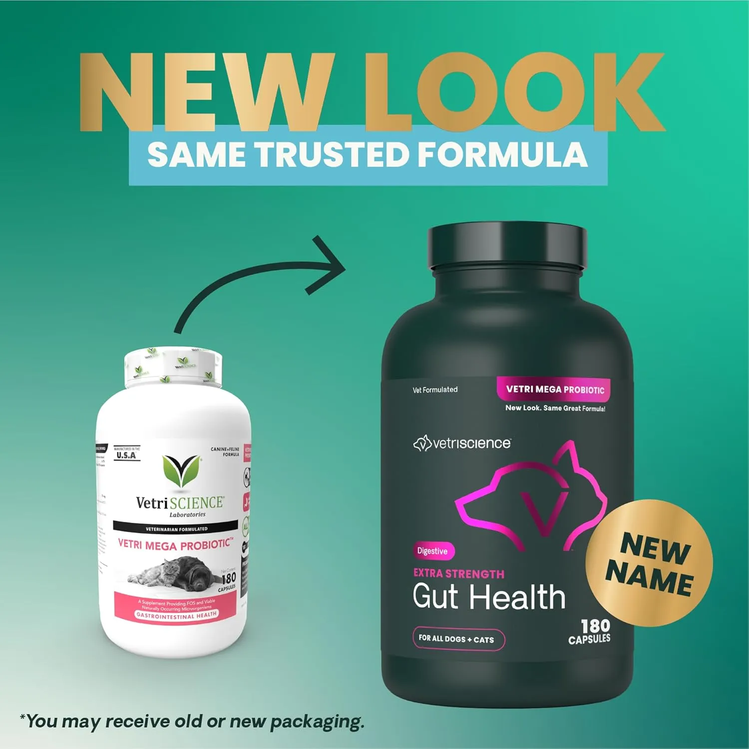 VetriScience Extra Strength Gut Health Probiotic & Prebiotic Digestive Supplements for Dogs & Cats, Gas & Diarrhea & Immune Support, Easy-Open Capsules, 180 Count - New Look