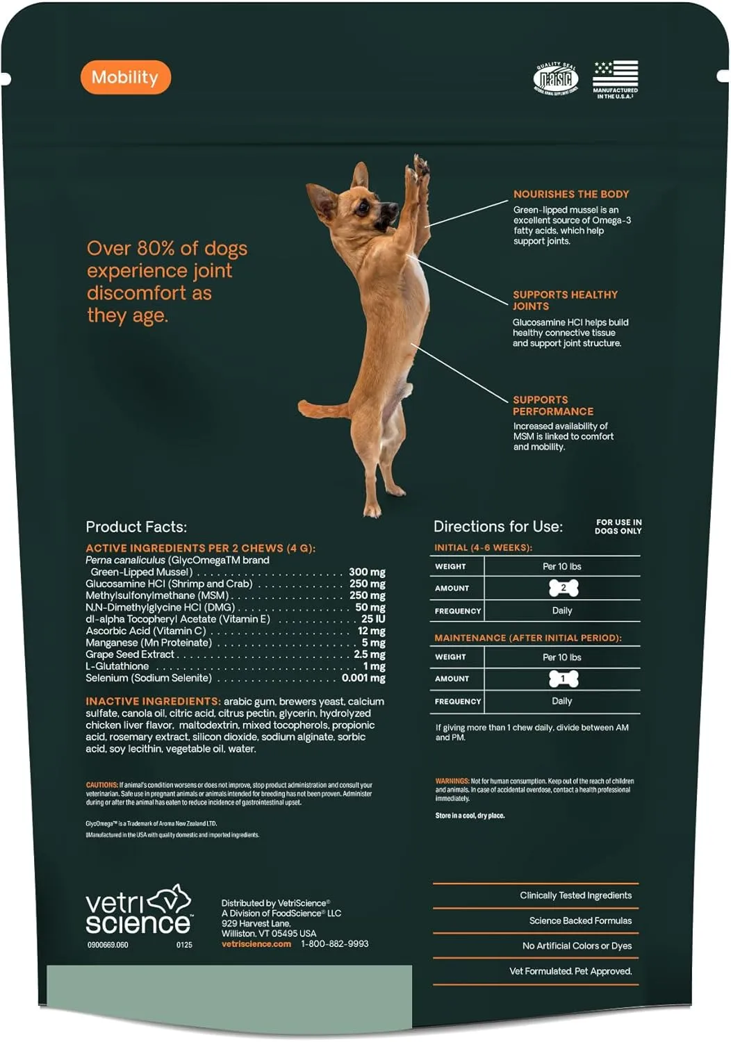 VetriScience Glycoflex 3 Clinically Proven Hip and Joint Support Supplement for Small Dogs - Maximum Strength Dog Supplement with Glucosamine, MSM, Green Lipped Mussel & DMG - 60 Chews,Chicken Flavor