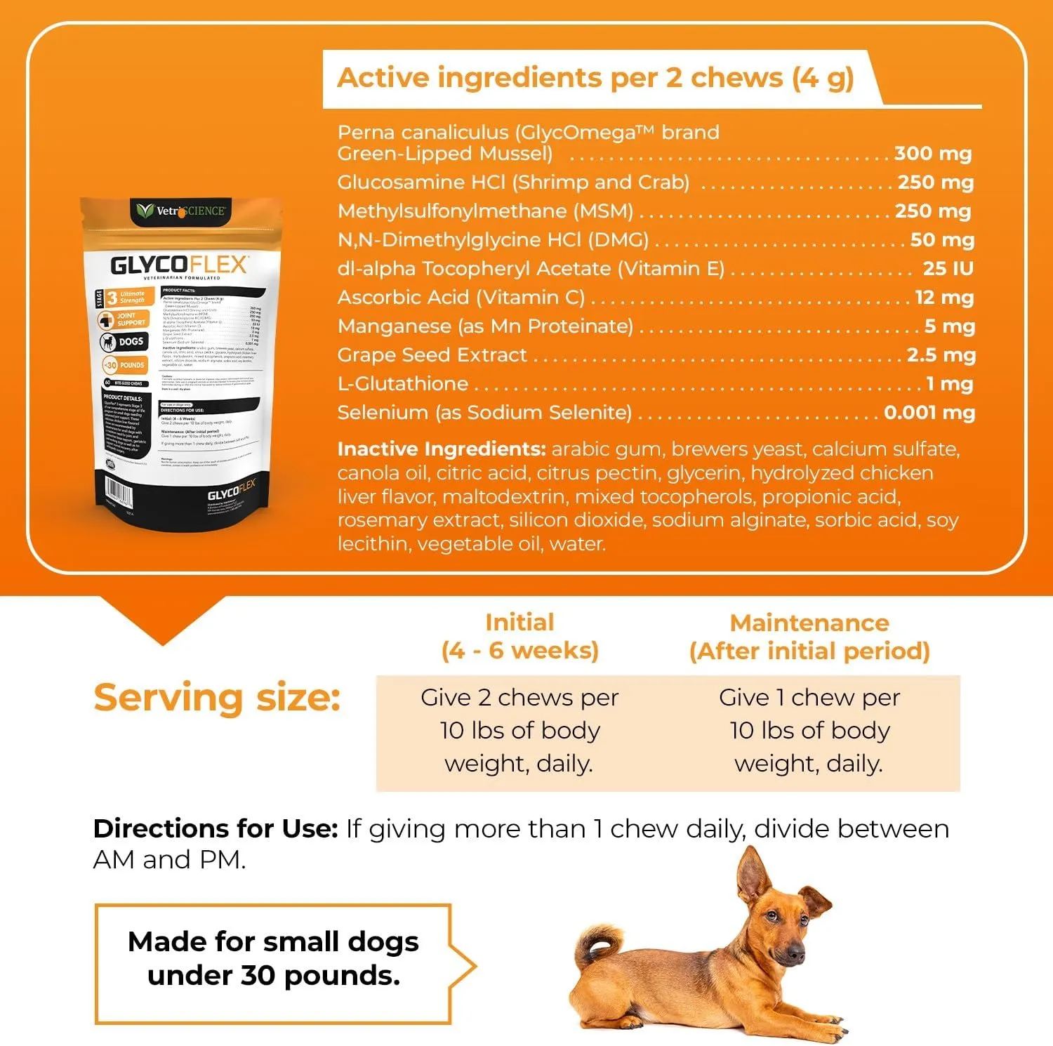 VetriScience Glycoflex 3 Clinically Proven Hip and Joint Support Supplement for Small Dogs - Maximum Strength Dog Supplement with Glucosamine, MSM, Green Lipped Mussel & DMG - 60 Chews,Chicken Flavor