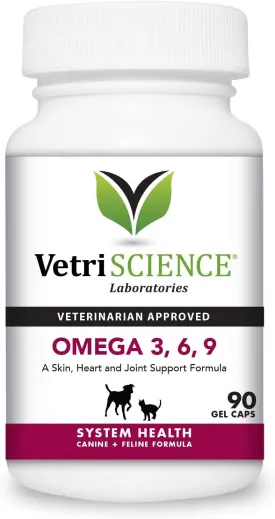 VetriScience Healthy Skin Omega 3, 6, 9 Fish Oil Supplement for Dogs and Cats, 90 Gel Capsules - Supports Healthy Skin & Coat, Immune Health, and Joint Mobility