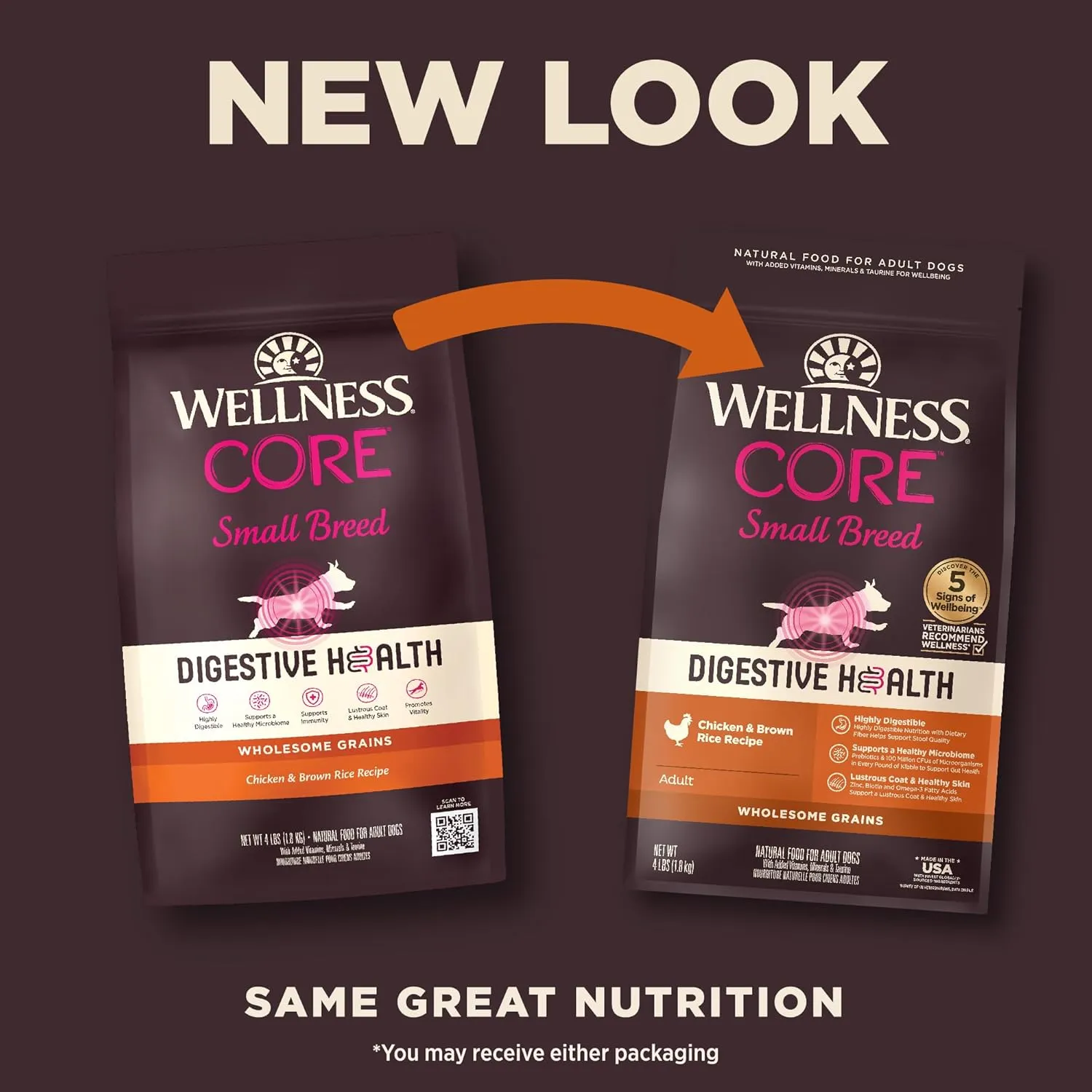 Wellness CORE Digestive Health Dry Dog Food, Small Breed, Wholesome Grains, Natural, Recipe for Dogs with Sensitive Stomachs, Chicken, (4-Pound Bag)