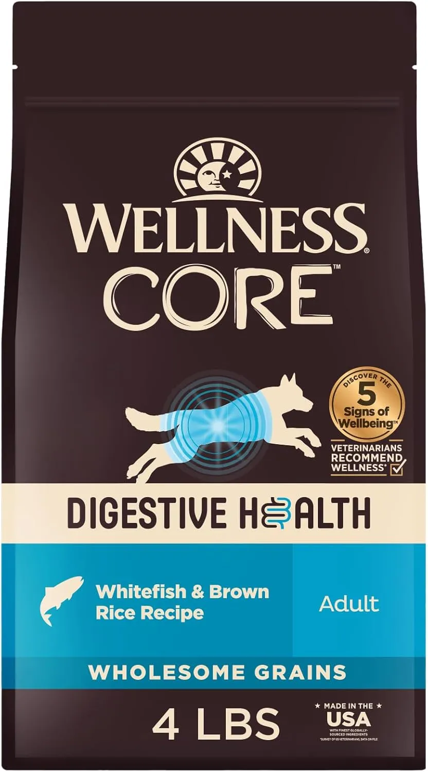Wellness CORE Digestive Health Dry Dog Food, Wholesome Grains, Natural, Recipe for Dogs with Sensitive Stomachs, Whitefish & Brown Rice, (4-Pound Bag)